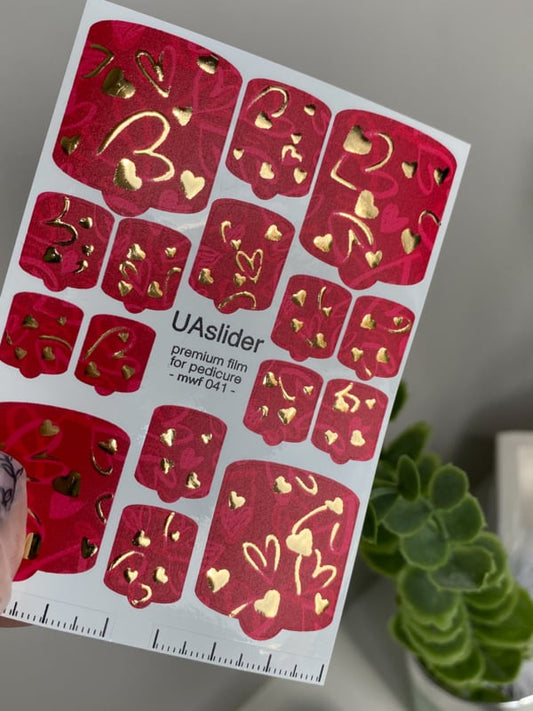 Pedicure Nail Wrap Premium MWF 041 – Red Hearts & Gold Love