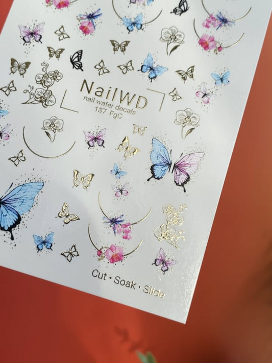 Waterdecal DeLuxe 137 FGC – Blue Butterfly & Blossom Waterdecal Nail Stickers