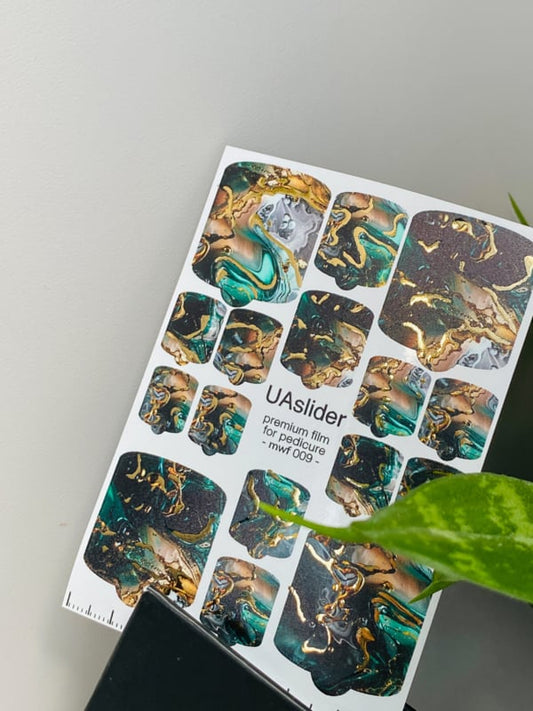 Pedicure Nail Wrap Premium MWF 009 – Turquoise Gold Flow